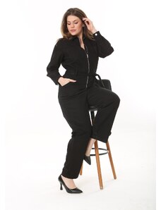 Şans Women's Plus Size Black Front Zippered Back Waist Elastic And Tie Detailed Pocket Jumpsuit