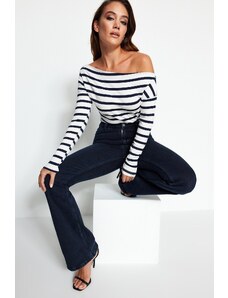 Trendyol Navy Blue Striped Premium Soft Fabric Fitted/Situated Boat Collar Knitted Blouse