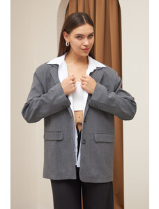 Laluvia Gray Shirt Detailed Back Printed Blazer Jacket