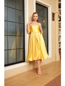 Carmen Strapless Midi Promise And Engagement Dress In Yellow Satin