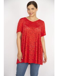 Şans Women's Pomegranate Plus Size Hole Fabric V-Neck Short Sleeve Blouse