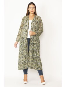 Şans Women's Large Size Colorful Chiffon Fabric Patterned Long Cardigan