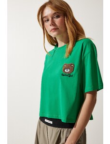 Happiness İstanbul Women's Green Teddy Bear Crest Crop Knitted T-Shirt
