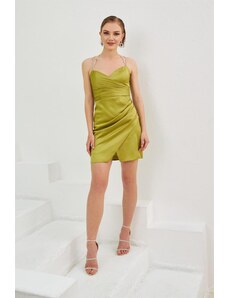 Carmen Pistachio Green Satin Decollete Short Evening Dress
