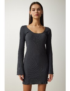 Happiness İstanbul Women's Gray Boat Neck Ribbed Saran Knitted Dress