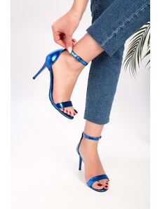 Shoeberry Women's Dianthus Sax Blue Metallic Single Strap Heeled Shoes.