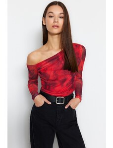 Trendyol Red Tulle Lined Asymmetrical Collar Knitted Blouse