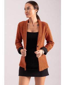 armonika Women's Orange Herringbone Pattern Fold Sleeve Single Button Cachet Jacket