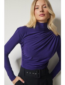 Happiness İstanbul Women's Purple Gathered Detailed High Neck Sandy Blouse