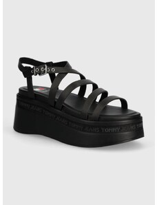 Δερμάτινα σανδάλια Tommy Jeans TJW STRAPPY WEDGE SANDAL χρώμα: μαύρο, EN0EN02516