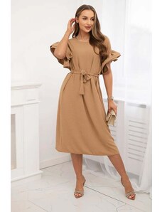 Kesi Dress with a tie at the waist with decorative sleeves Camel