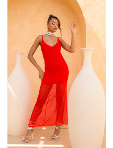Joy Fashion House Ingram μακρύ φόρεμα με διαφάνεια από τούλι κόκκινο