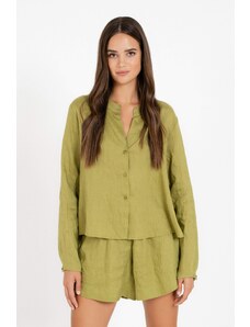 Islandboutique Linen Cropped Shirt Philosophy Green