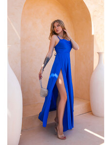 Joy Fashion House Endora μάξι φόρεμα μα σατέν όψη μπλε ρουά