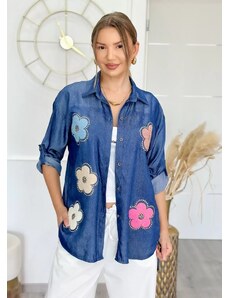 parizianista πουκαμίσα με εφέ jean & λουλούδια - Μπλε - 025009