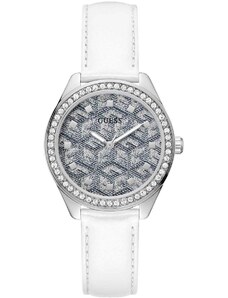 GUESS G Gloss Crystals - GW0608L1, Silver case with White Leather Strap
