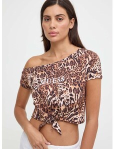 Βαμβακερό μπλουζάκι Guess γυναικείο, χρώμα: καφέ, E4GI05 JA914