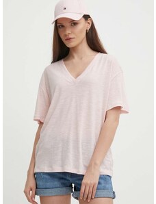 Μπλουζάκι με λινό μείγμα Tommy Hilfiger χρώμα: ροζ, WW0WW41198