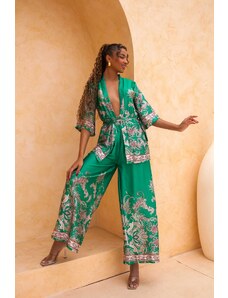 Joy Fashion House Jaylen σετ κιμονό-παντελόνα εμπριμέ με όψη σατέν πράσινο
