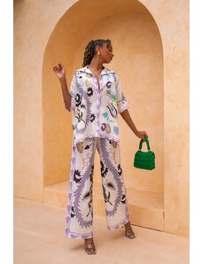 Joy Fashion House Trace σετ πουκάμισο-παντελόνι εμπριμέ με όψη λινό λιλά