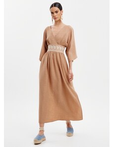 KATELONDON Φόρεμα κρουαζέ με κέντημα στη μέση - Camel