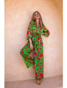 Joy Fashion House Primrose σετ κιμονό-παντελόνι φλοράλ με όψη σατέν λαχανί