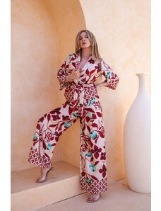 Joy Fashion House Primrose σετ κιμονό-παντελόνι φλοράλ με όψη σατέν εκάι