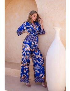 Joy Fashion House Primrose σετ κιμονό-παντελόνι φλοράλ με όψη σατέν μπλε ρουά