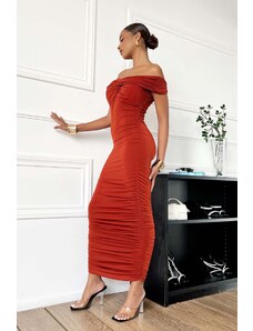 Joy Fashion House Giselle μακρύ φόρεμα εφαρμοστό με σούρες εκάι