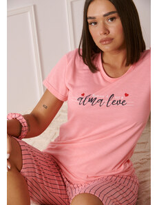 Comfort Πιτζάμα γυναικεία με κάπρι παντελόνι ριγέ και logo - Κοραλί