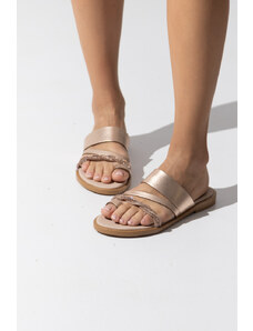 LOVEFASHIONPOINT Sandals Soft Γυναικεία Χάλκινα Δερμάτινα με Strass