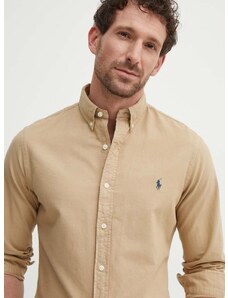 Βαμβακερό πουκάμισο Polo Ralph Lauren ανδρικό, χρώμα: μπεζ, 710889739001