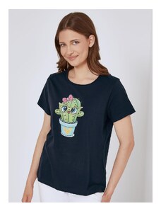 Celestino T-shirt με κάκτο και strass σκουρο μπλε για Γυναίκα