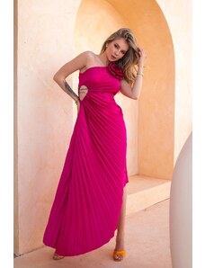 Joy Fashion House Gemma μακρύ φόρεμα πλισέ με ένα ώμο και όψη σατέν φούξια