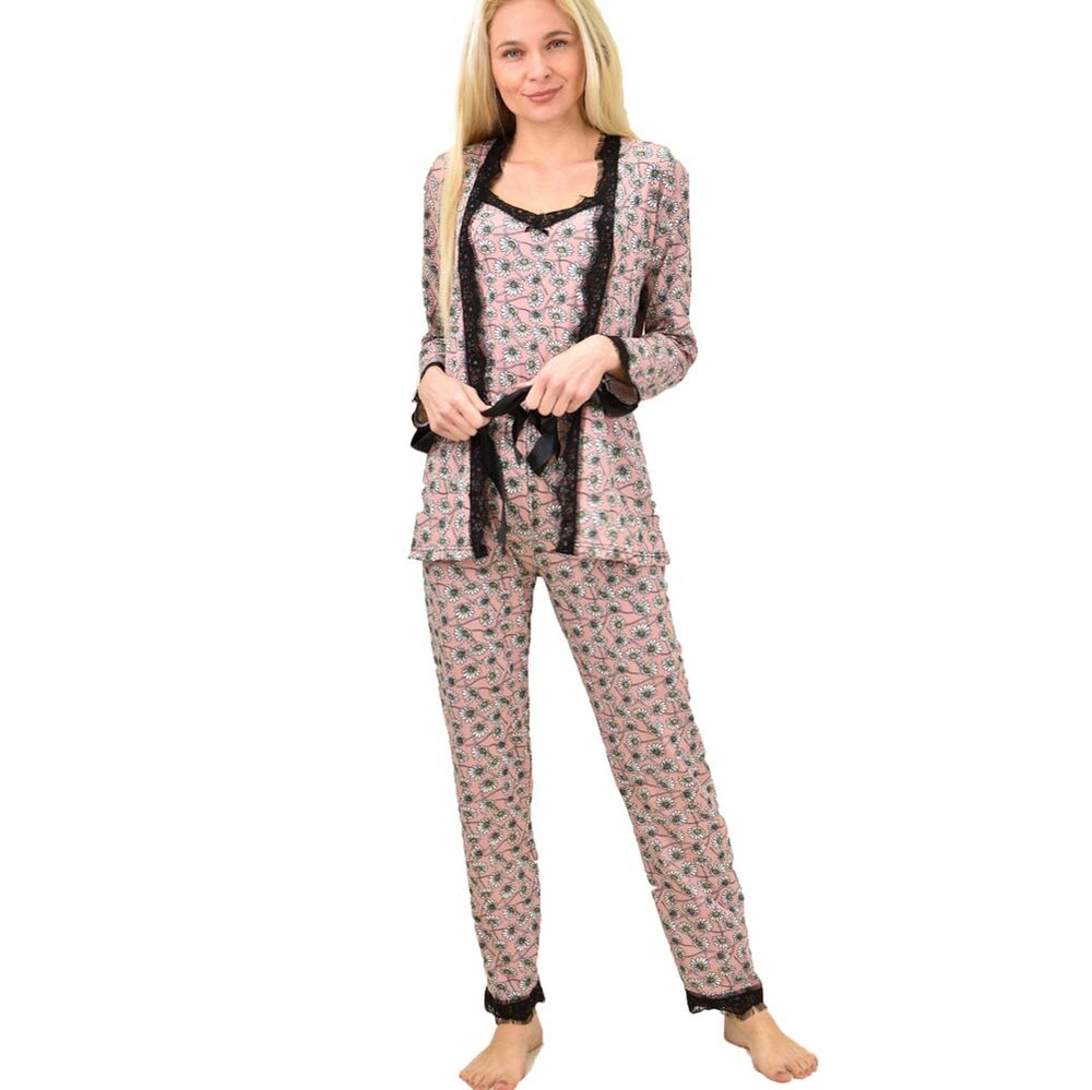 Potre Γυναικεία πιτζάμα σετ 3 τεμ φλοράλ με ζώνη