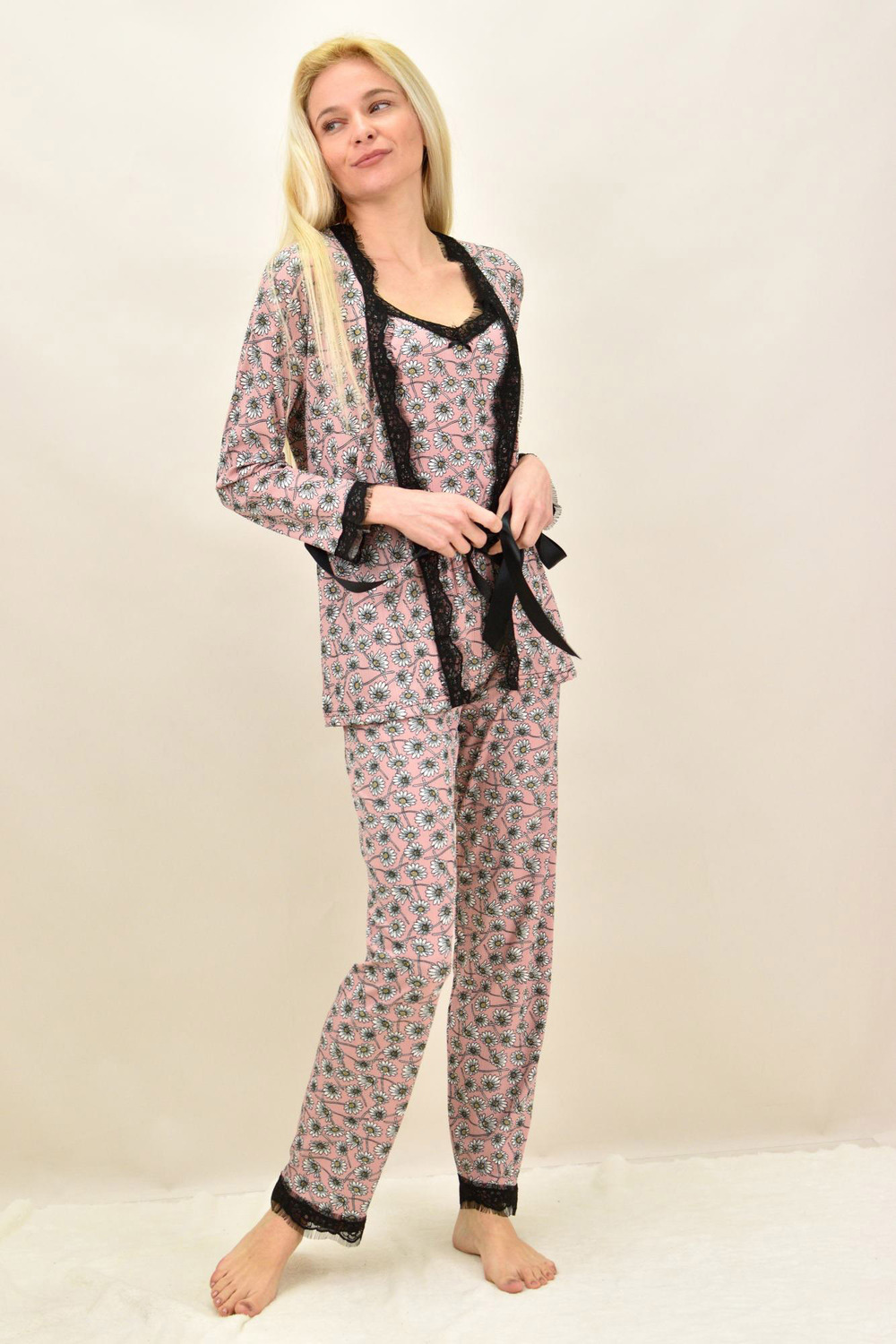 Potre Γυναικεία πιτζάμα σετ 3 τεμ φλοράλ με ζώνη
