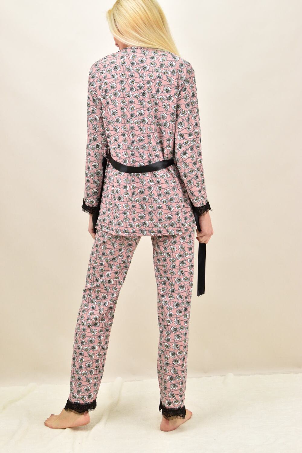 Potre Γυναικεία πιτζάμα σετ 3 τεμ φλοράλ με ζώνη