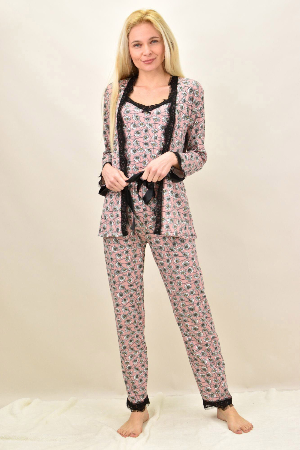 Potre Γυναικεία πιτζάμα σετ 3 τεμ φλοράλ με ζώνη