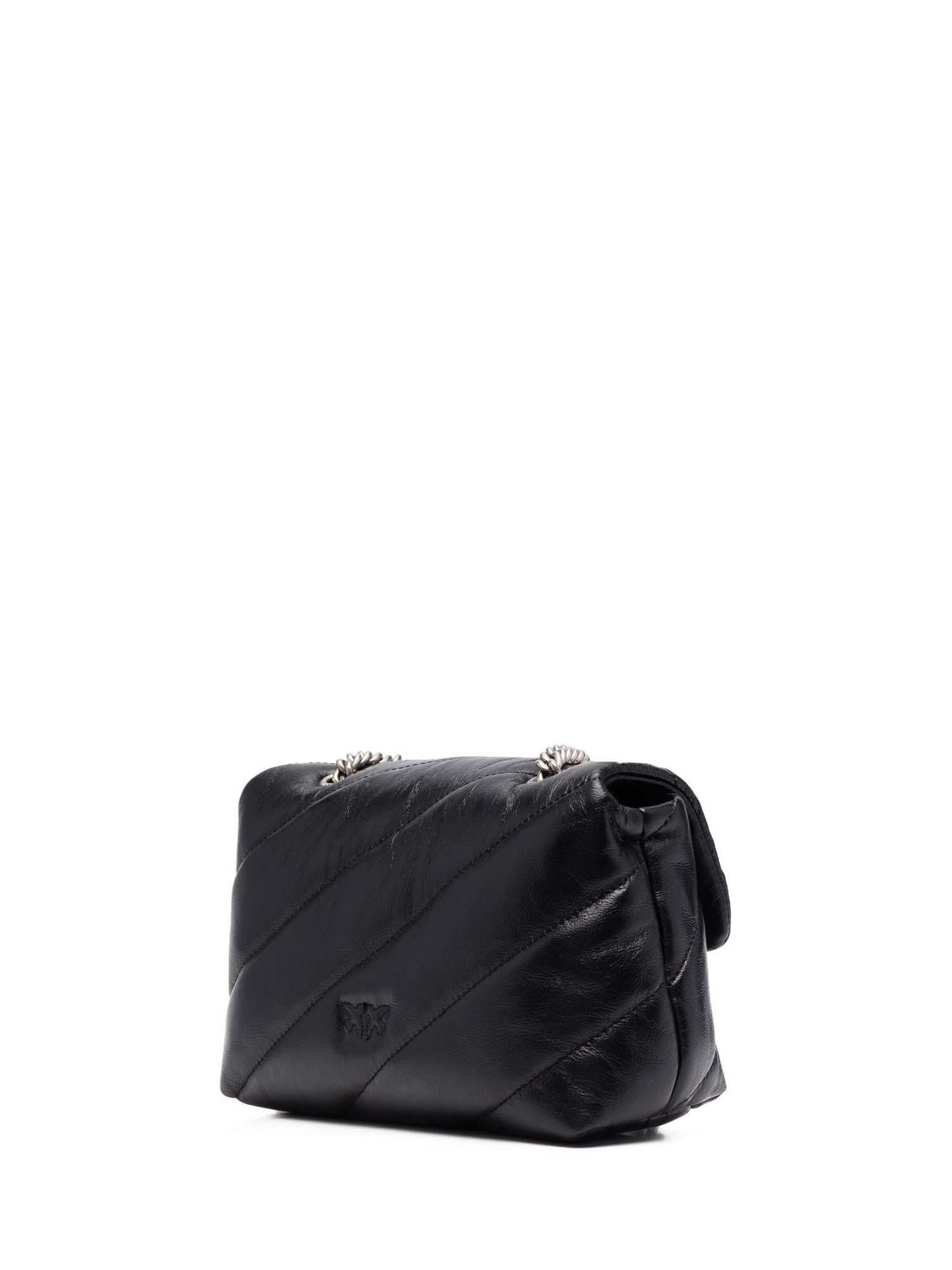 Bolso Pinko Love Mini Puff Maxi Quilt - Color Negro Y Plata Antigua, Hebilla Love Birds, Medidas 22x14x10 Cm