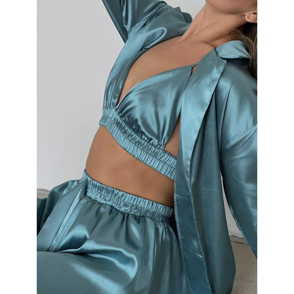 La Lolita Amsterdam ASHLYN Σετ babydoll 3 τμχ σατέν υφής με αέρινο φουστο-σορτς με φιόγκο, μπραλέτ με τριγωνάκι & μακρυμάνικη πουκαμίσα