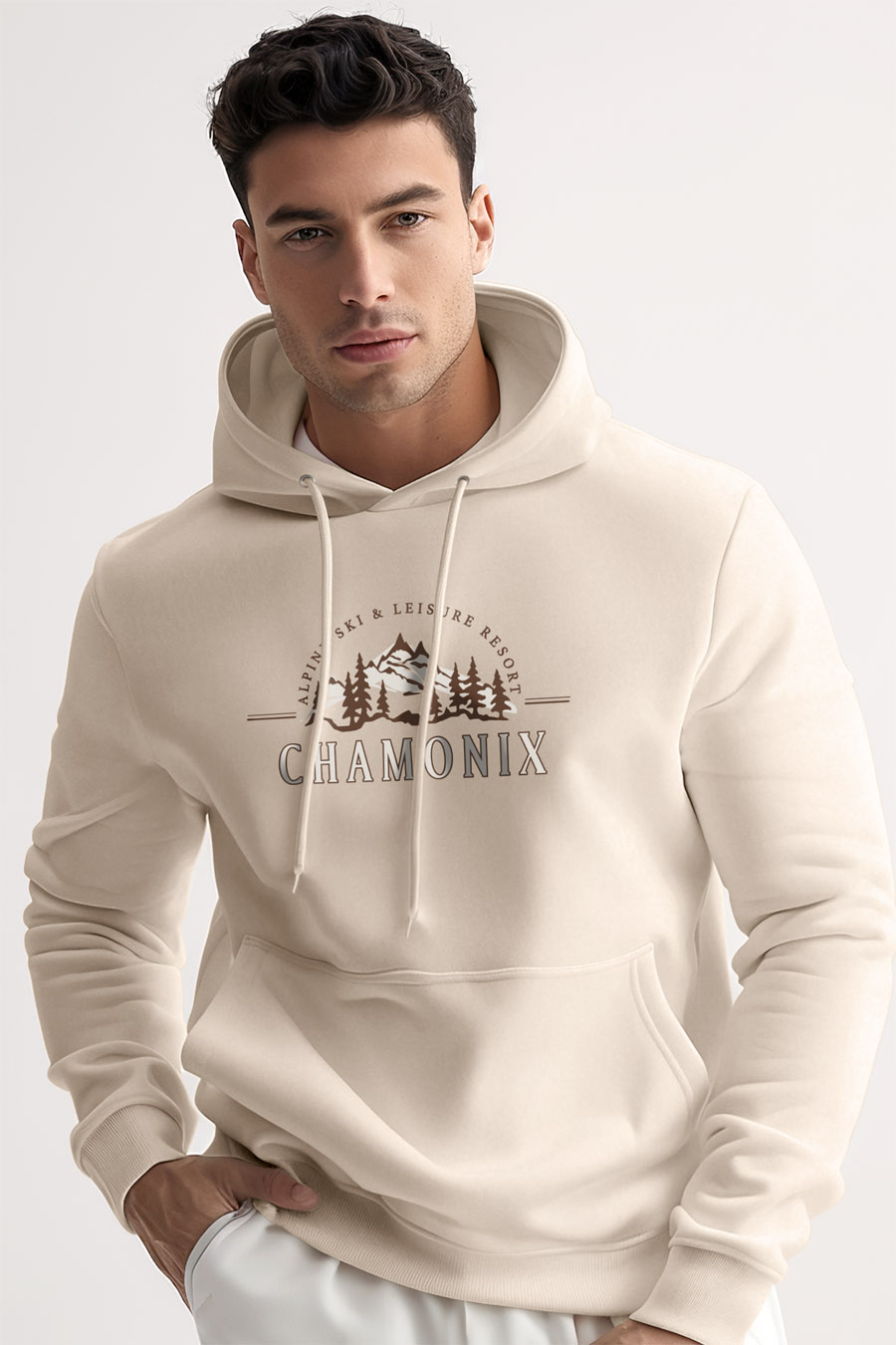 UnitedKind Chamonix Ski Resorts, Φούτερ με Κουκούλα σε Εκρού Χρώμα