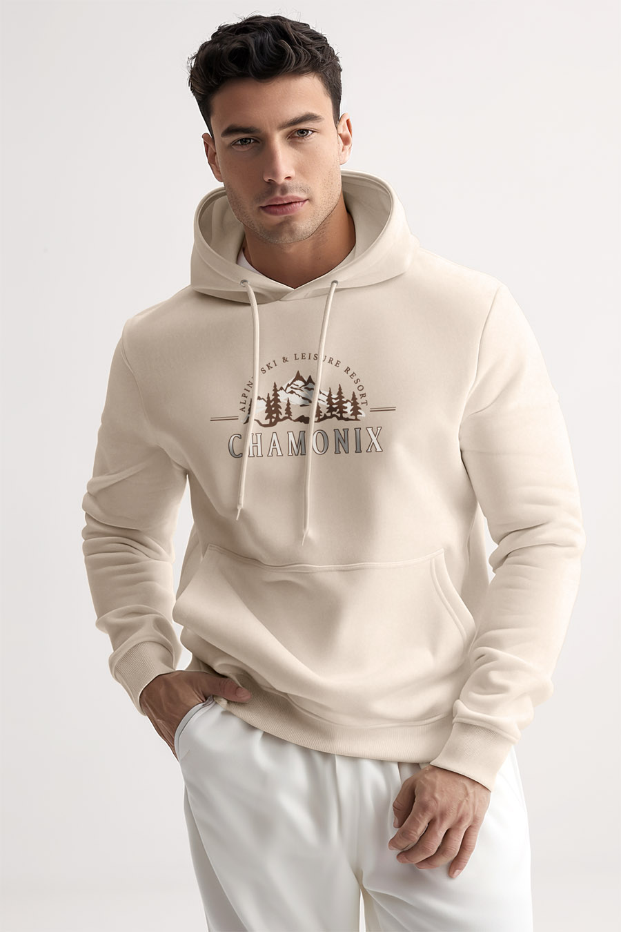 UnitedKind Chamonix Ski Resorts, Φούτερ με Κουκούλα σε Εκρού Χρώμα