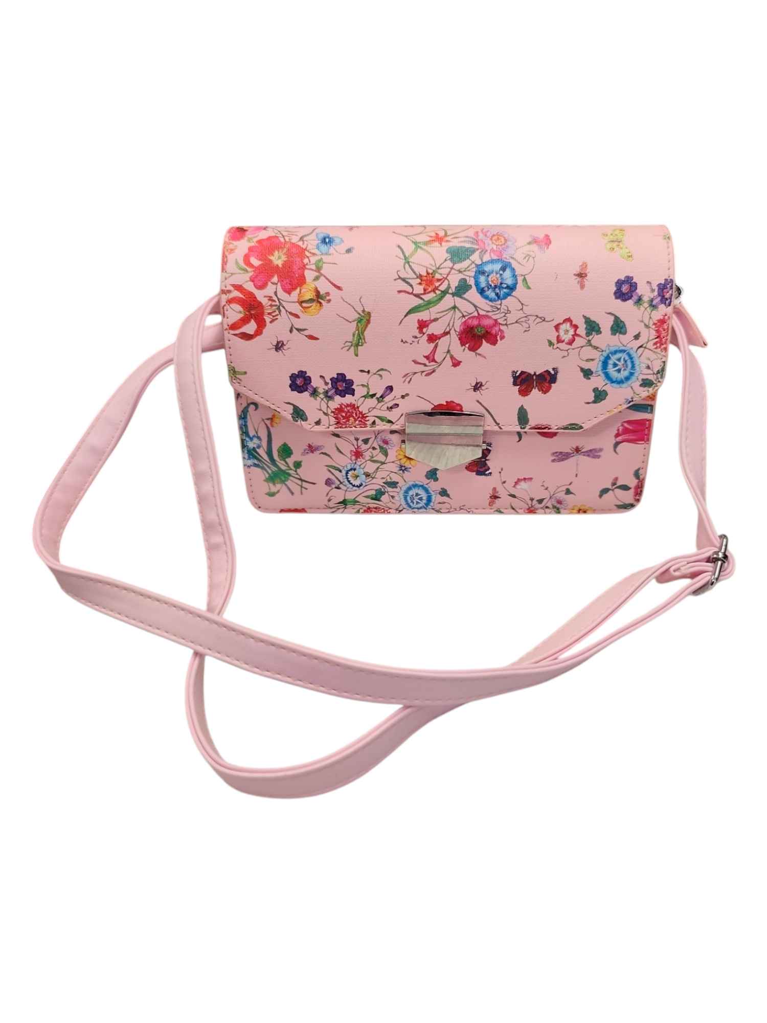 FashionWoman Τσάντα Ώμου με Floral Print Καπάκι και Μεταλλικό Κούμπωμα – Ροζ & Γαλάζιο