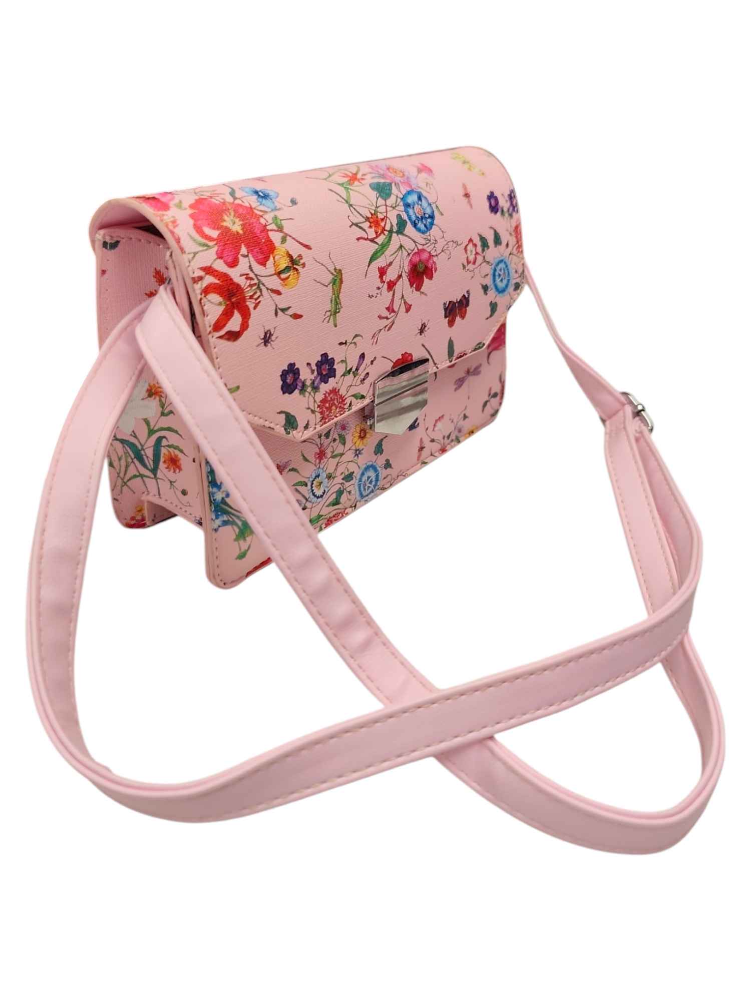 FashionWoman Τσάντα Ώμου με Floral Print Καπάκι και Μεταλλικό Κούμπωμα – Ροζ & Γαλάζιο