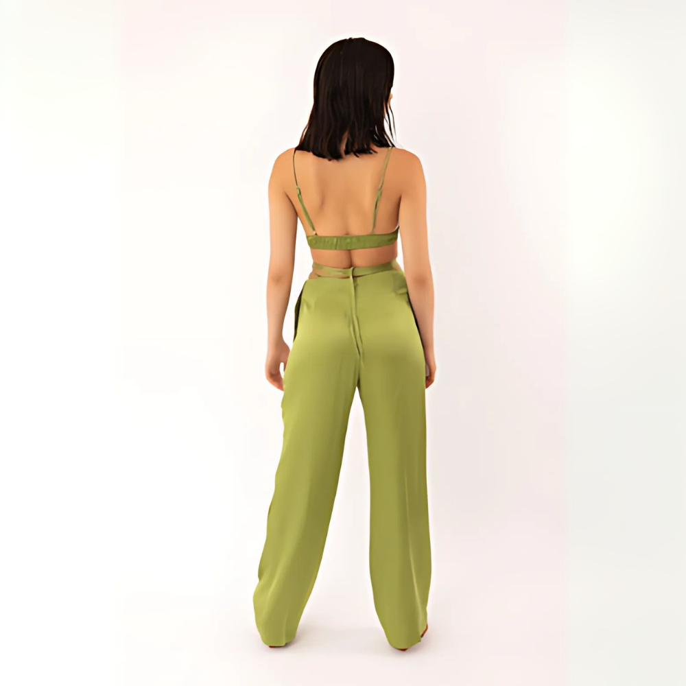 La Lolita Amsterdam CORALINE Σατέν υφής loungewear σετ 3 τμχ με παντελόνα με δέσιμο στη μέση, μπραλέτ και πουκαμίσα