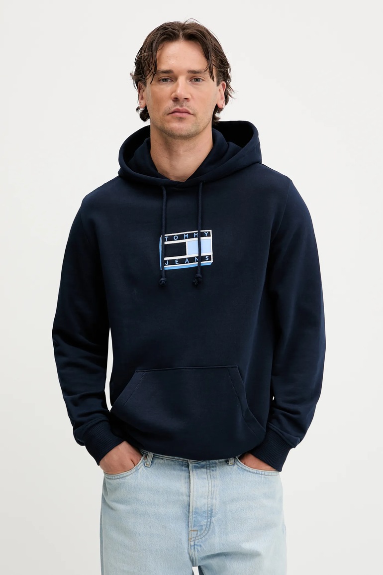 Βαμβακερή μπλούζα Tommy Jeans χρώμα: ναυτικό μπλε, με κουκούλα, DM0DM21623