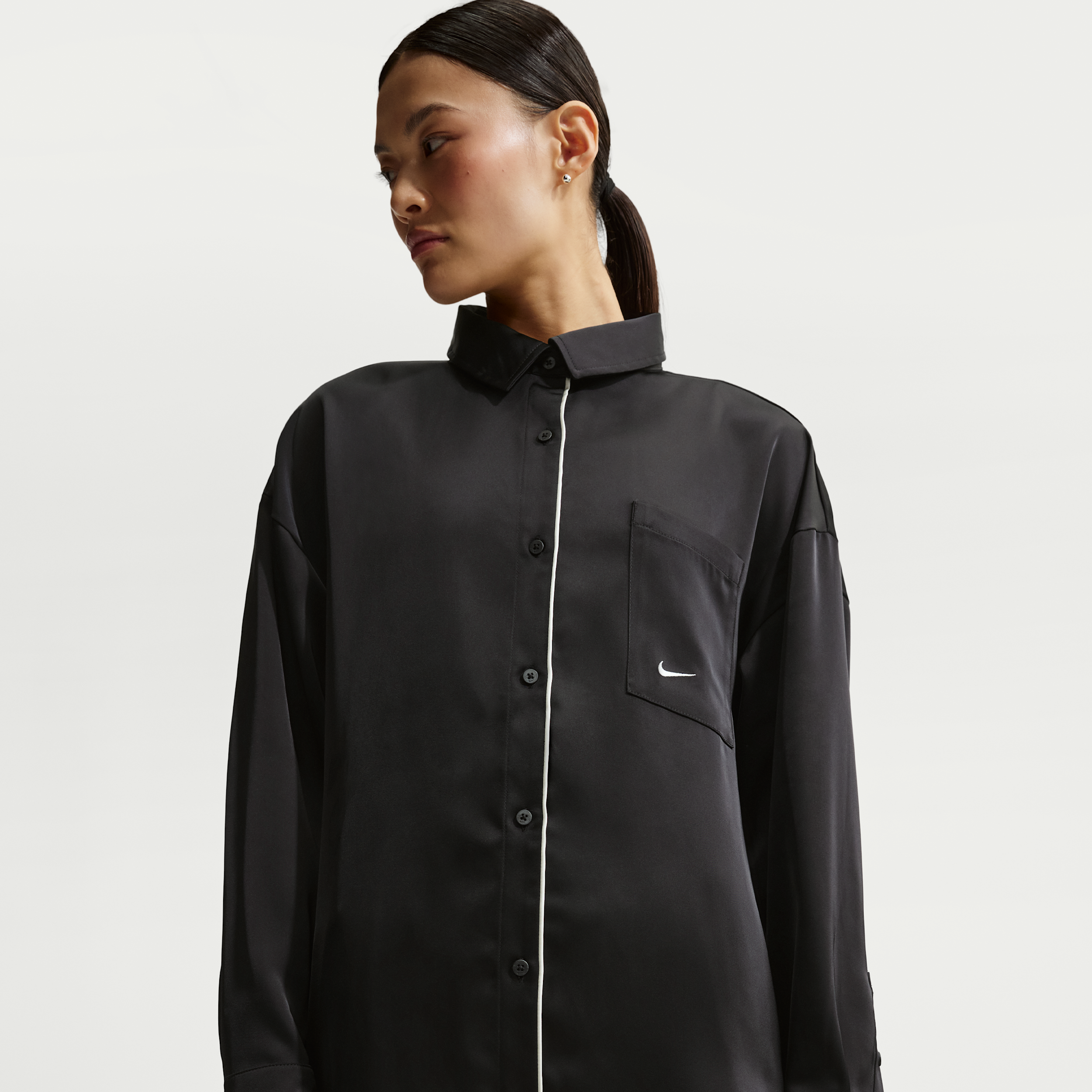 Nike Women's Oversized Satin Long-Sleeve Top - Black - Polyester