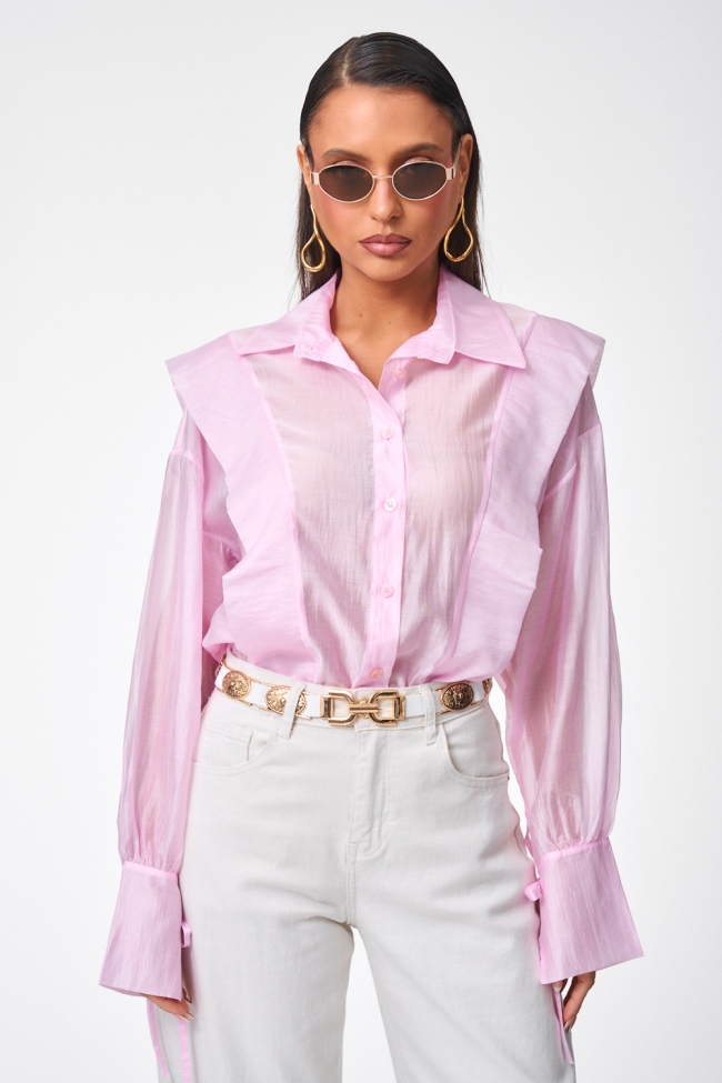 DeCoro Πουκάμισο See Through με Βολάν - ΡΟΖ