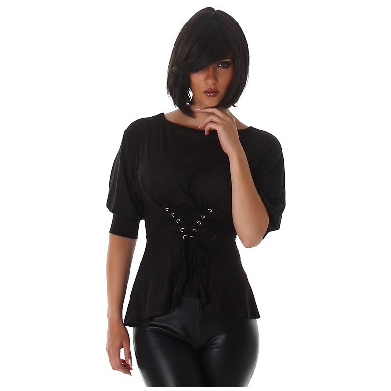 LX Fashion 61098 LX Μακρυμάνικο τόπ corsage look με glitter - μαύρο