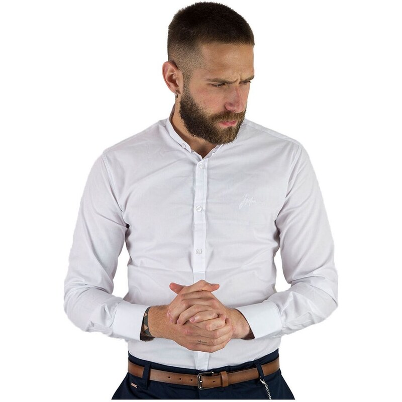 STEFAN Ανδρικό λευκό μακρυμάνικο μάο πουκάμισο, slim fit, Χρώμα Λευκό, Μέγεθος XL